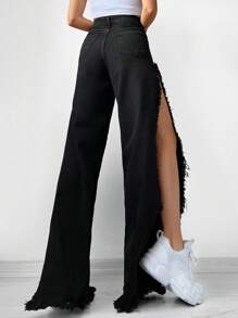 RueChic Solid Split Thigh Jeans - Black - View 1