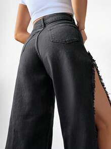 RueChic Solid Split Thigh Jeans - Black - View 4