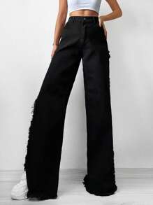 RueChic Solid Split Thigh Jeans - Black - View 5
