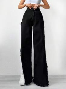 RueChic Solid Split Thigh Jeans - Black - View 2