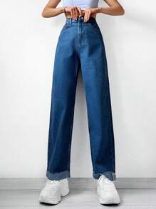 Cottnline Letter Patched Rolled Hem Straight Leg Jeans - Dark Wash - View 1