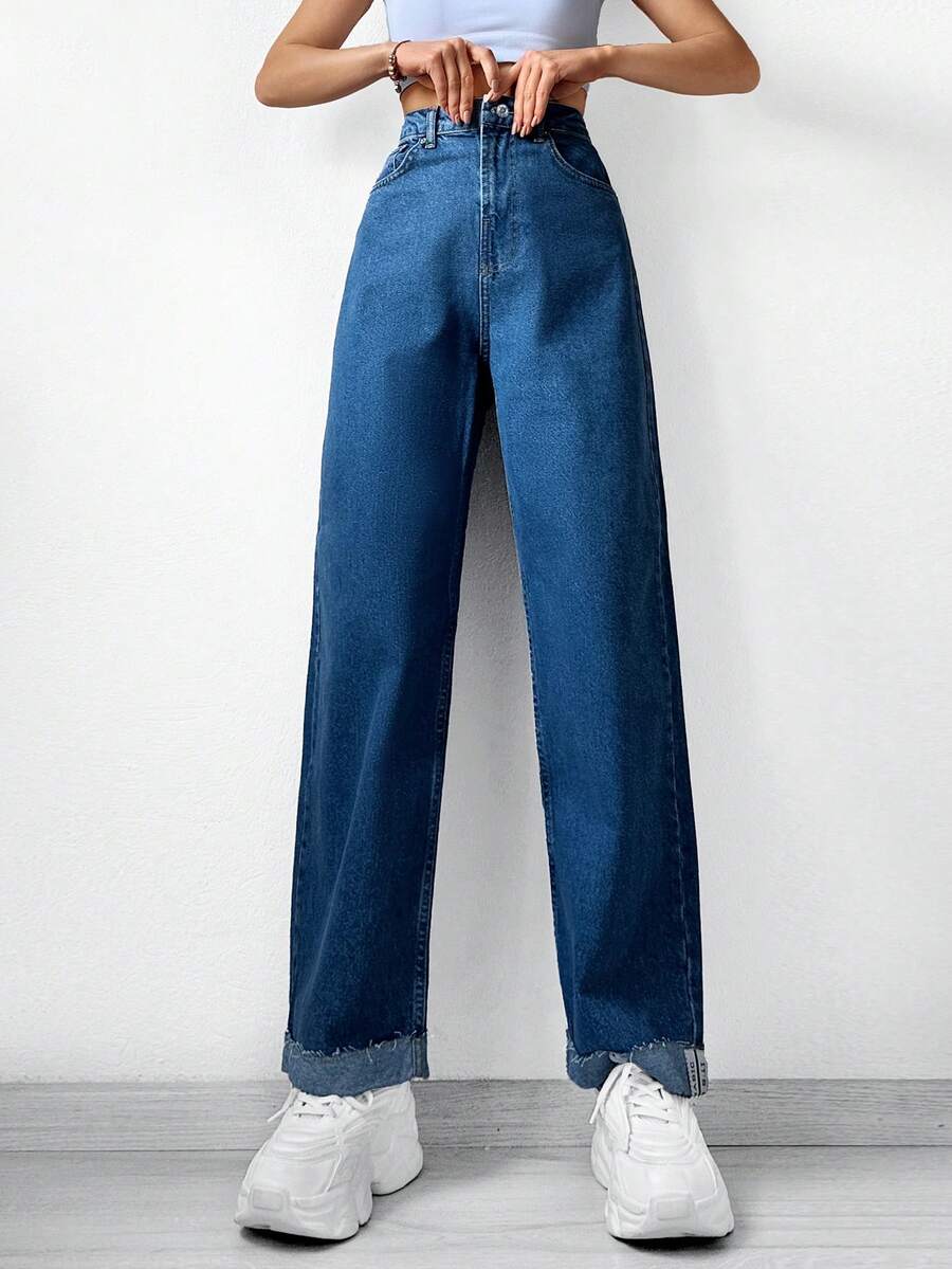 Cottnline Letter Patched Rolled Hem Straight Leg Jeans - Dark Wash - View 1