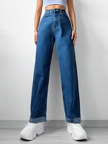 Cottnline Letter Patched Rolled Hem Straight Leg Jeans - Dark Wash - View 3