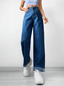 Cottnline Letter Patched Rolled Hem Straight Leg Jeans - Dark Wash - View 5