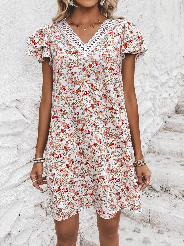 SHEIN LUNE 花柄プリント ギピュールレースパネル バタフライスリーブ ドレス - マルチカラー - 見る 5