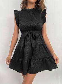 SHEIN Privé Vestido con cinturón de leopardo jacquard ribete con fruncido - Negro - Ver 3