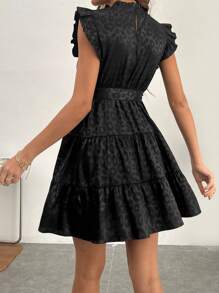 SHEIN Privé Vestido con cinturón de leopardo jacquard ribete con fruncido - Negro - Ver 5