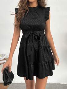 SHEIN Privé Vestido con cinturón de leopardo jacquard ribete con fruncido - Negro - Ver 4