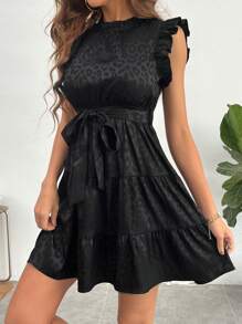 SHEIN Privé Vestido con cinturón de leopardo jacquard ribete con fruncido - Negro - Ver 1