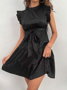 SHEIN Privé Vestido con cinturón de leopardo jacquard ribete con fruncido - Negro - Ver 6