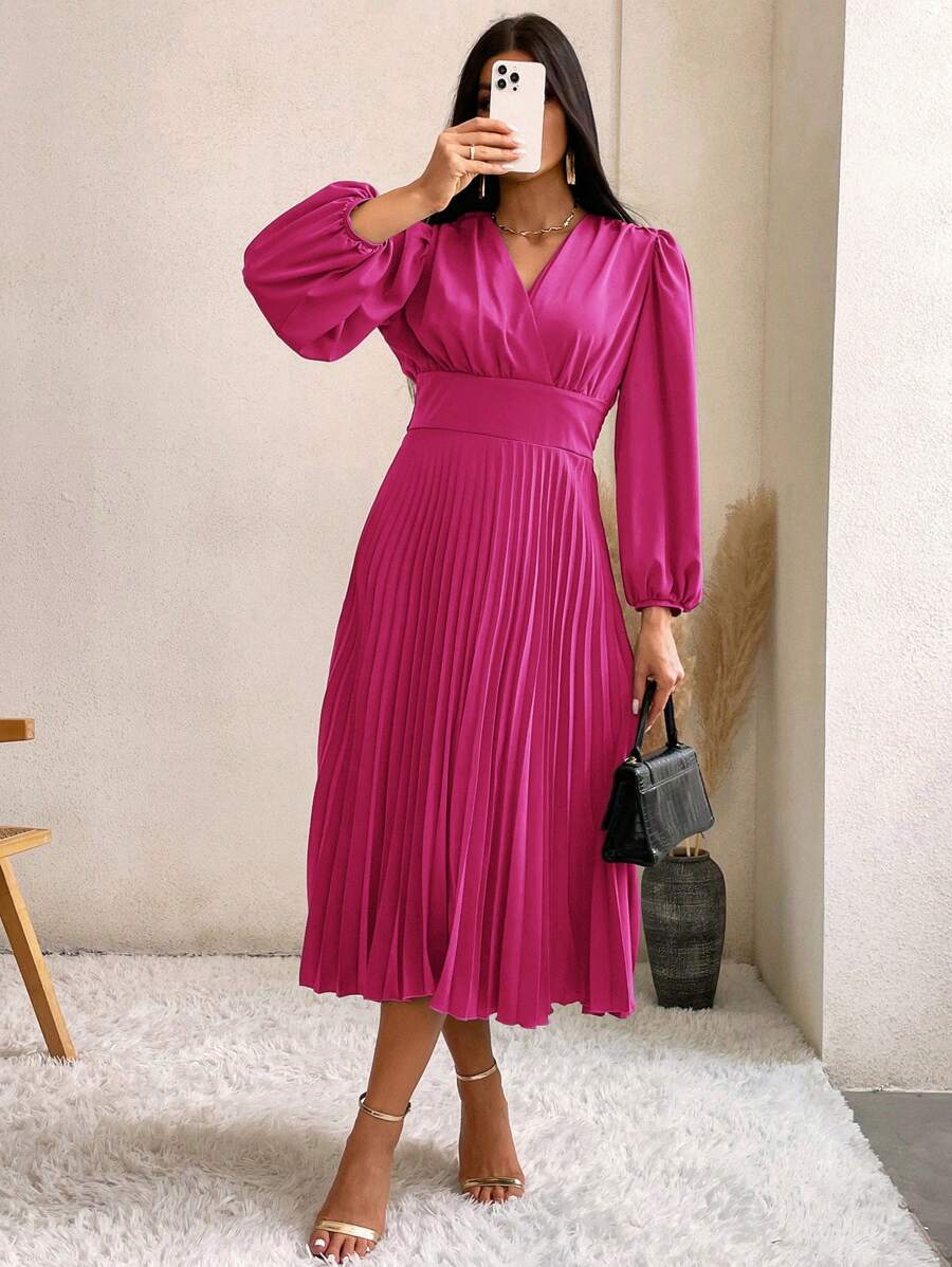 SHEIN Privé Đầm Xếp li Trọn gói màu trơn Thanh lịch - Màu Hồng Tươi - Xem 1