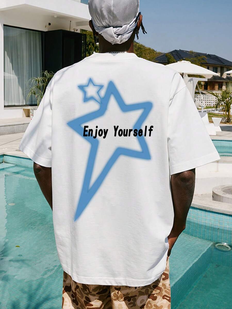 Men Slogan & Star Print Tee - White - View 1