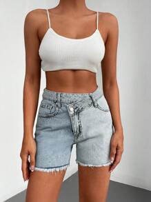 EURMUSE Two Tone Raw Hem Denim Shorts - Light Wash - View 1