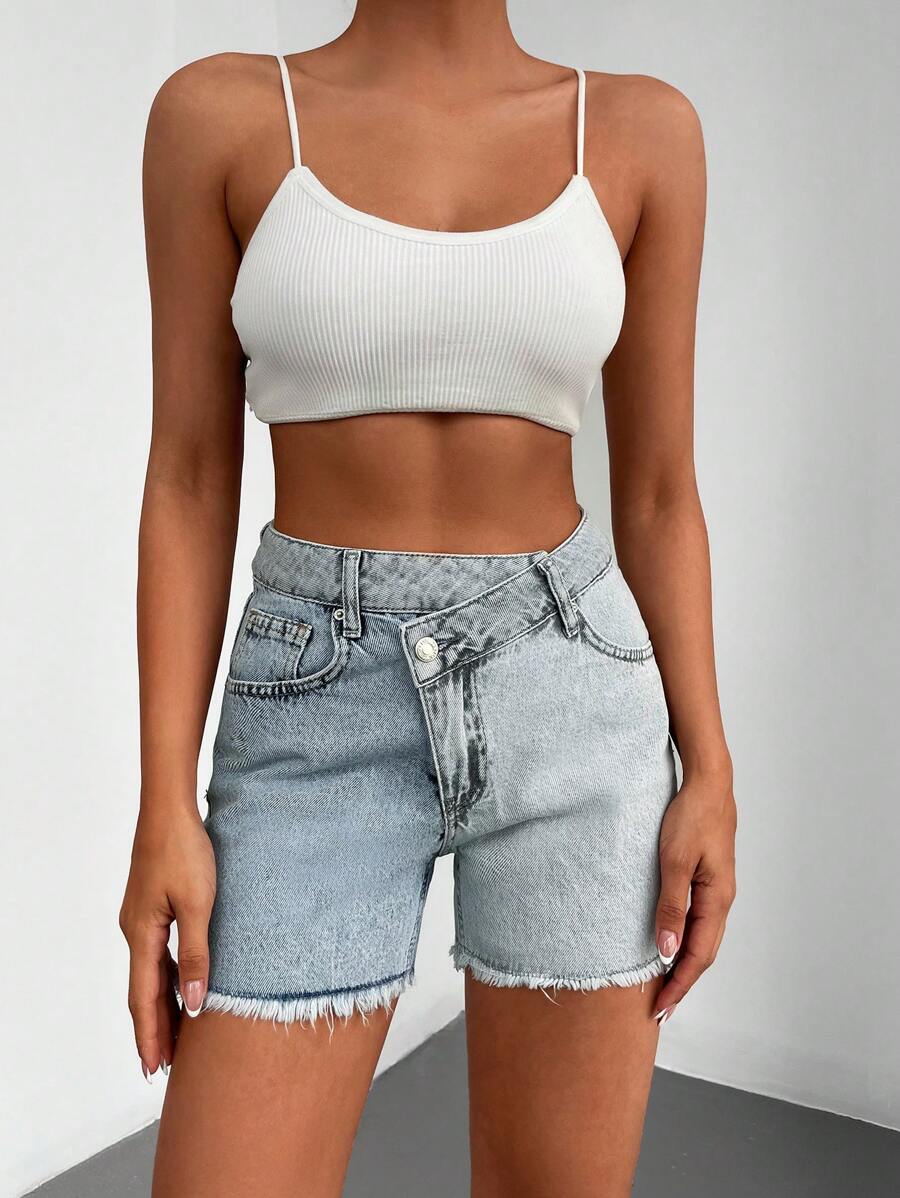 EURMUSE Two Tone Raw Hem Denim Shorts - Light Wash - View 1