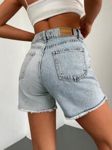 EURMUSE Two Tone Raw Hem Denim Shorts - Light Wash - View 2