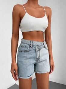 EURMUSE Two Tone Raw Hem Denim Shorts - Light Wash - View 3