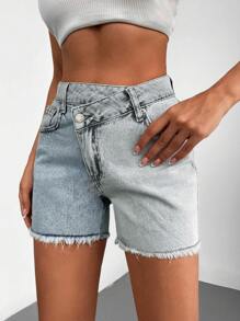 EURMUSE Two Tone Raw Hem Denim Shorts - Light Wash - View 4