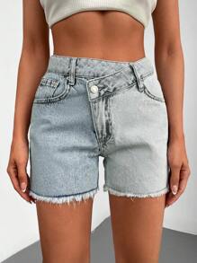 EURMUSE Two Tone Raw Hem Denim Shorts - Light Wash - View 5