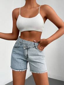 EURMUSE Two Tone Raw Hem Denim Shorts - Light Wash - View 6