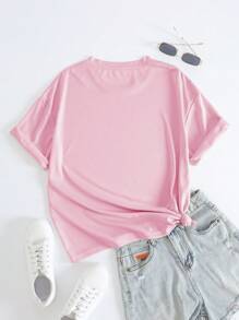 SHEIN EZwear Áo thun nữ màu trơn Giải trí - Hồng - Xem 2