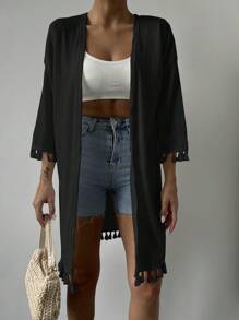 EURMUSE Tassel Trim Drop Shoulder Open Front Blouse - Black - View 1