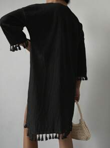 EURMUSE Tassel Trim Drop Shoulder Open Front Blouse - Black - View 2