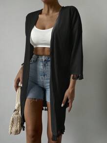 EURMUSE Tassel Trim Drop Shoulder Open Front Blouse - Black - View 4