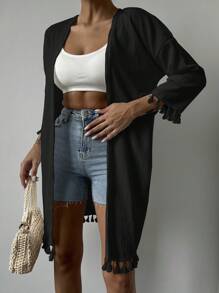 EURMUSE Tassel Trim Drop Shoulder Open Front Blouse - Black - View 6