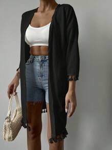 EURMUSE Tassel Trim Drop Shoulder Open Front Blouse - Black - View 7