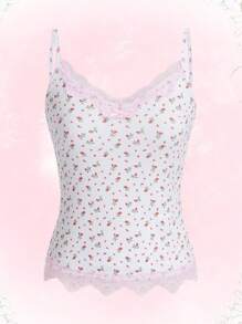 ROMWE Kawaii Áo khoác và áo lót dành cho xe tăng nữ Tương phản ren Gân đan Họa tiết hoa Boho - trắng - Xem 1