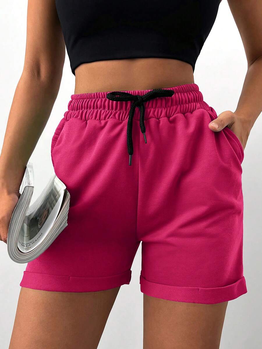 EURMUSE Drawstring Waist Roll Up Hem Shorts - Hot Pink - View 1