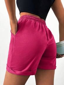 EURMUSE Drawstring Waist Roll Up Hem Shorts - Hot Pink - View 2