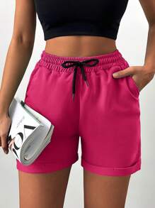 EURMUSE Drawstring Waist Roll Up Hem Shorts - Hot Pink - View 5
