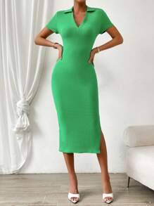 SHEIN Essnce Solid Split Hem Ribbed Knit Bodycon Dress - Green - View 1