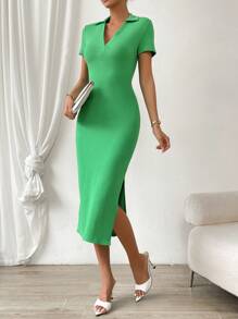 SHEIN Essnce Solid Split Hem Ribbed Knit Bodycon Dress - Green - View 4