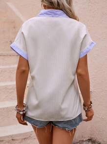 SHEIN LUNE Women's Summer Casual Holiday Shirt With Contrast Color Blocking, Open Neck And Face Print,Casual Women Shirts Work Women Shirts - Multicolor - View 2