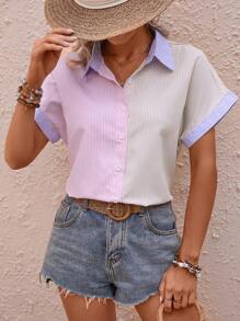 SHEIN LUNE Women's Summer Casual Holiday Shirt With Contrast Color Blocking, Open Neck And Face Print,Casual Women Shirts Work Women Shirts - Multicolor - View 5