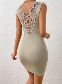 SHEIN Privé Vestido de punto panel con encaje tejido de canalé - Albaricoque - Ver 3