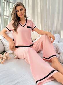 Set homewear ribete en contraste tejido waffle - Rosa Pálido - Ver 5