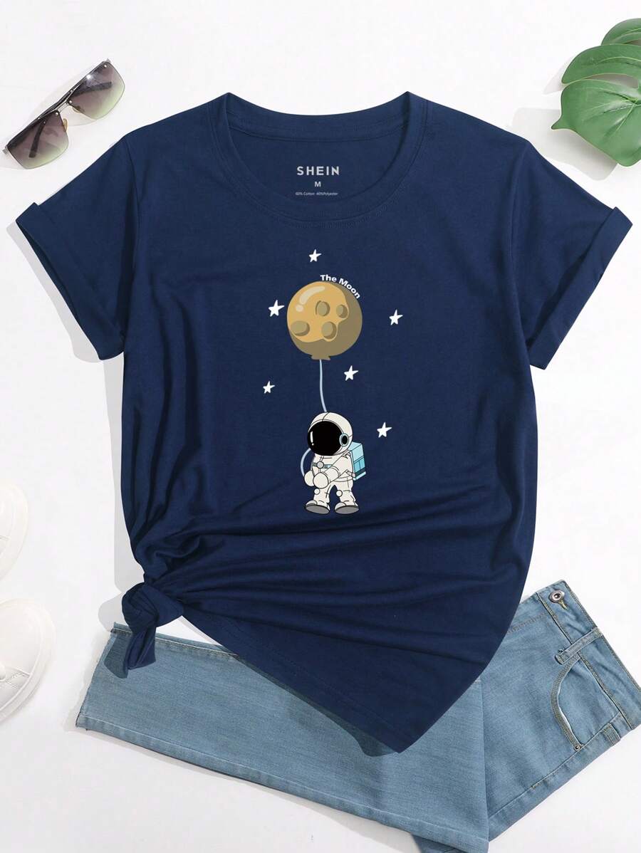 SHEIN EZwear 宇航員和行星圖案T恤 - 藏蓝色 - 查看 1