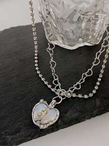 1 pieza Collar a capas atractivo de acero inoxidable zirconia cúbica con accesorio de corazón para mujeres para decoración diaria - Plateado - Ver 2