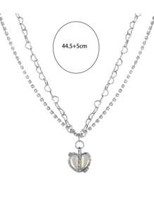 1 pieza Collar a capas atractivo de acero inoxidable zirconia cúbica con accesorio de corazón para mujeres para decoración diaria - Plateado - Ver 3