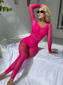 Classic Sexy Hollow Out Fishnet Bodystocking Lingerie Without Liner - Hot Pink - View 3