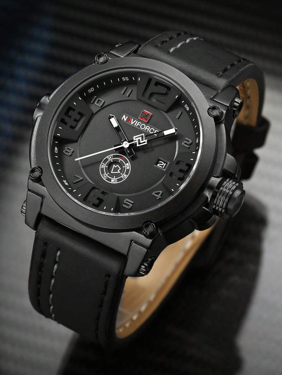 Reloj de pulsera NAVIFORCE de lujo para hombre, deportivo militar de cuarzo, analógico con fecha, correa de cuero - Blanco - Ver 1