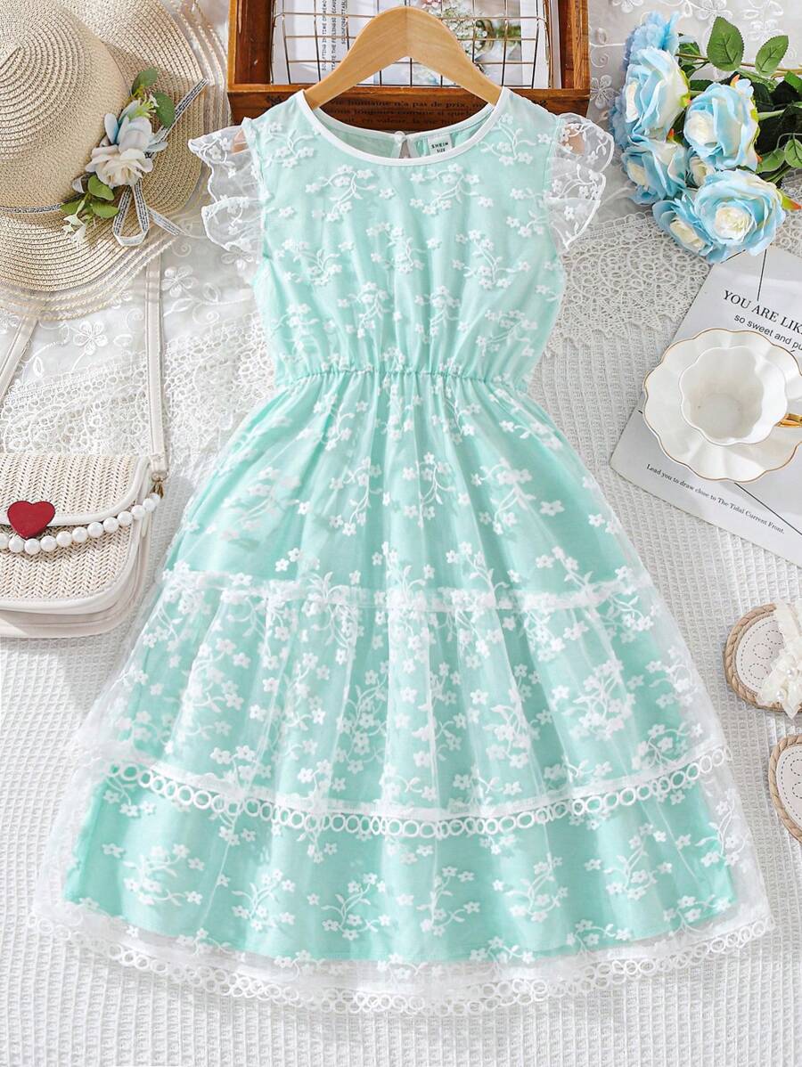 Đầm Gái Nút Tương phản ren Tương phản Mesh Thêu Xù Hoa Tất cả trên in Boho - Màu xanh bạc hà - Xem 1