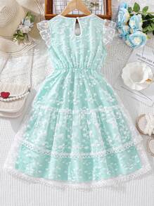 Đầm Gái Nút Tương phản ren Tương phản Mesh Thêu Xù Hoa Tất cả trên in Boho - Màu xanh bạc hà - Xem 2