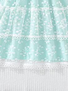 Đầm Gái Nút Tương phản ren Tương phản Mesh Thêu Xù Hoa Tất cả trên in Boho - Màu xanh bạc hà - Xem 3