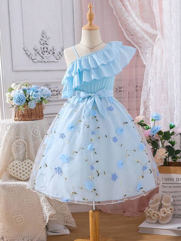 SHEIN Glamorique Kids Rochie Tween Girl cu broderie florală cu volane, cu decolteu asimetric, cu centură