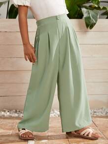 SHEIN Toddler Girls Fold Pleated Detail Wide Leg Pants - Mint Green - View 4