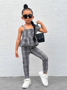 SHEIN Bộ thời trang bé gái Xù Viên lá sen Bất đối xứng Sọc ca rô Dễ thương - Đen và trắng - Xem 1